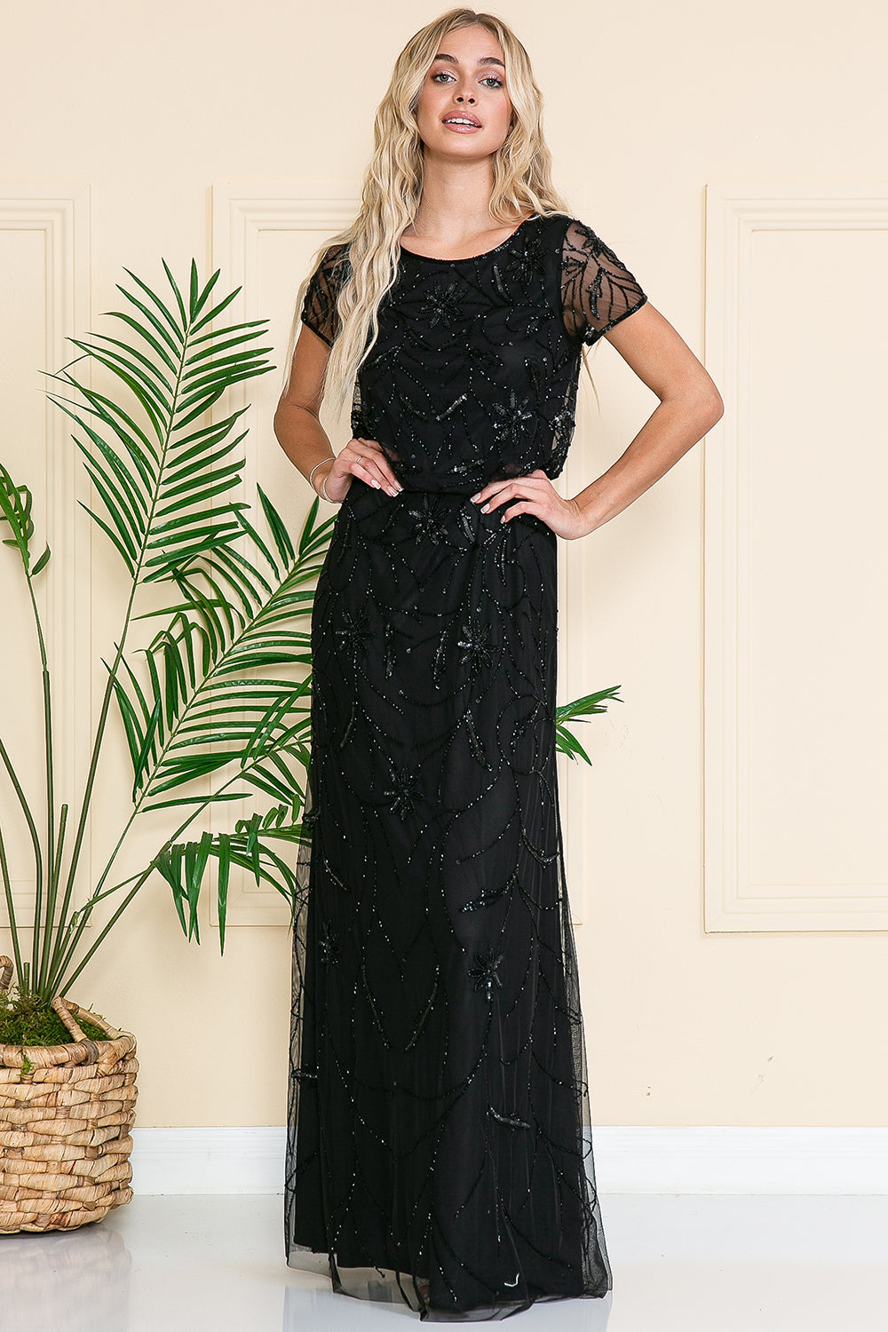 Short Sleeeves Glitter Embellished Long Mother Of The Bride Dress-0